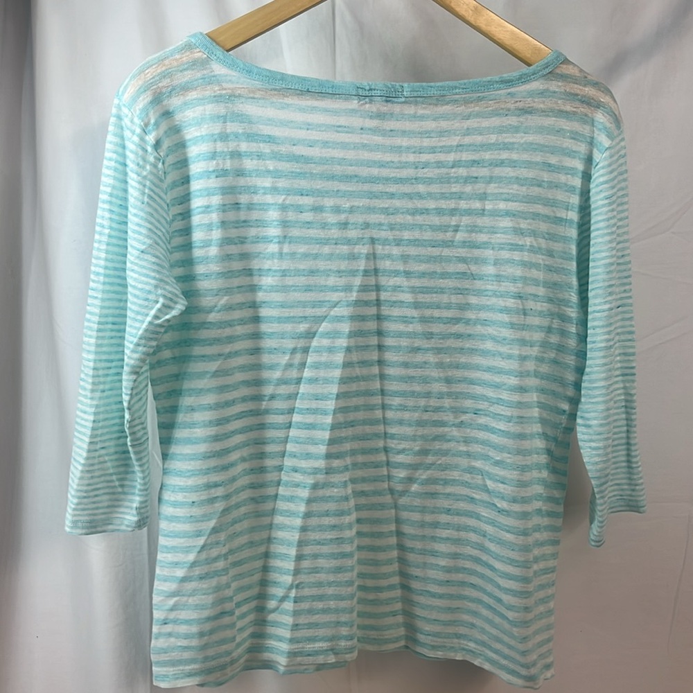 Joie Striped Linen 3/4 Sleeve Top, Small, Aqua White Kilinda Yarn-Dyed Slub Tee - Picture 3 of 9